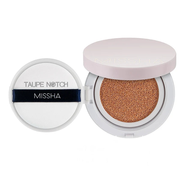 Missha cushion compact cover with open sponge and puff, taupe shade