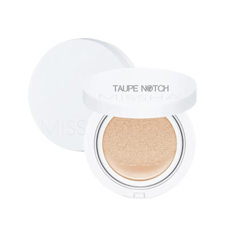 Missha cushion compact in taupe shade, open with sponge surface and label