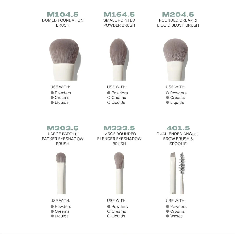Taupe bristle makeup brushes with white handles, six brush shapes shown