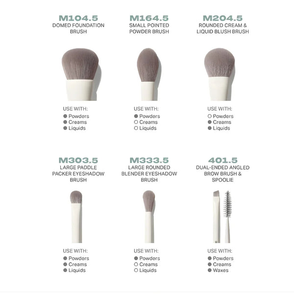 Taupe bristle makeup brushes with white handles, six brush shapes shown