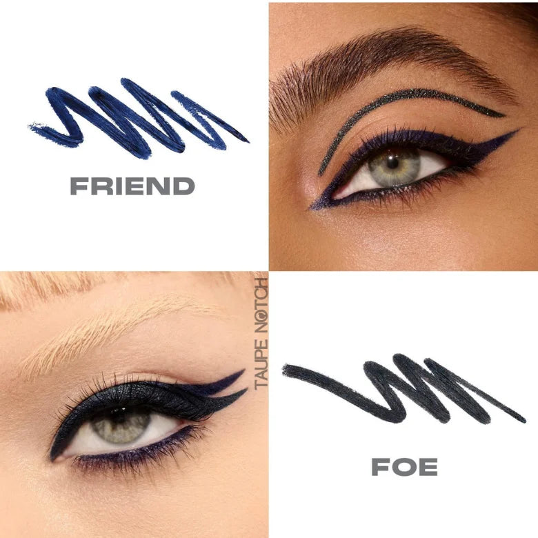 Dual-ended gel eyeliner swatches and wear on eye: Friend navy, Foe deep blue shimmer