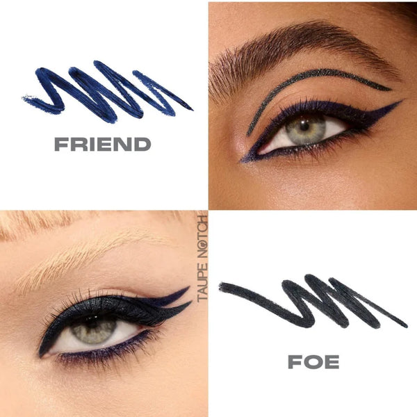 Dual-ended gel eyeliner swatches and wear on eye: Friend navy, Foe deep blue shimmer