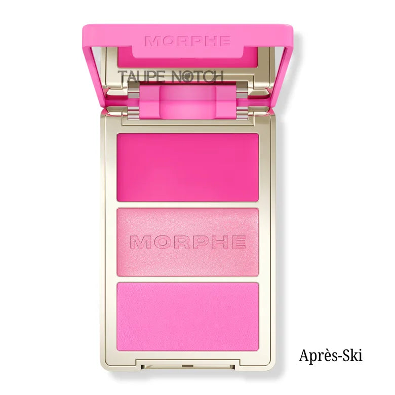 Three-pan blush palette compact with magenta matte, pink shimmer, hot pink matte shades