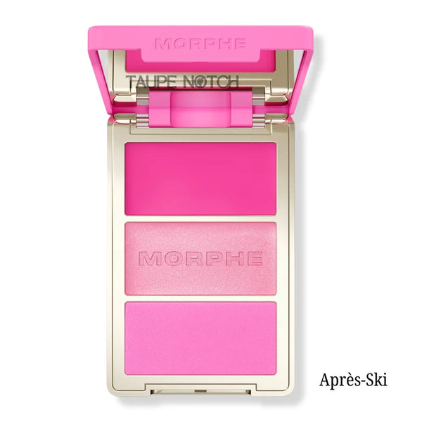 Three-pan blush palette compact with magenta matte, pink shimmer, hot pink matte shades
