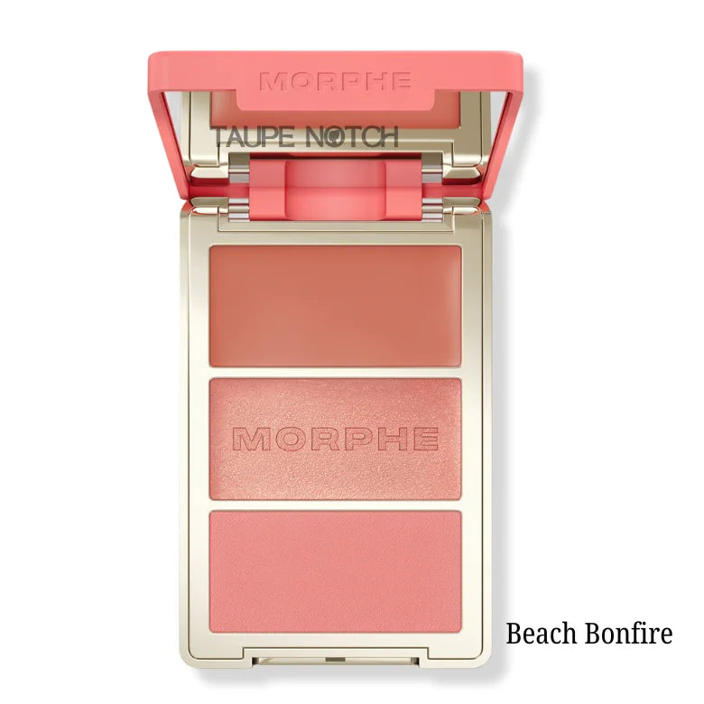 Three-pan blush palette compact with coral matte, rose shimmer, dusty rose matte shades
