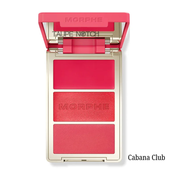Three-pan blush palette compact with deep red matte, red shimmer, berry matte shades