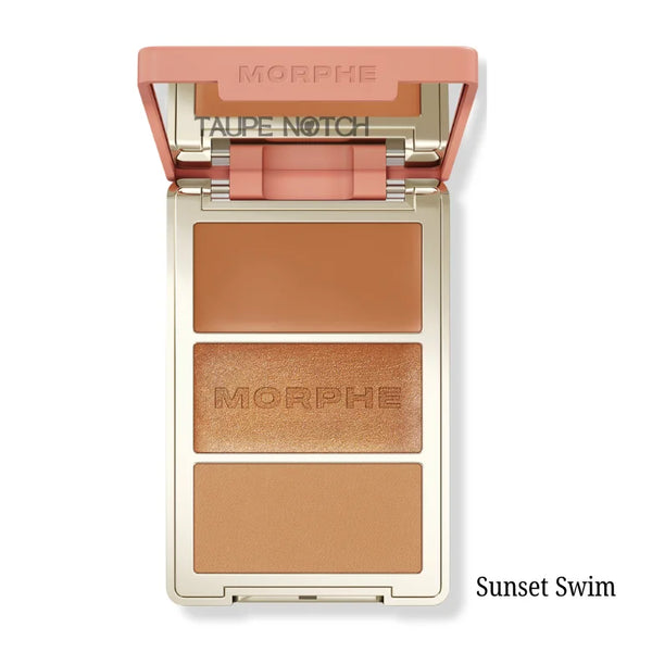 Three-pan blush palette compact with warm tan matte, bronze shimmer, tan matte shades