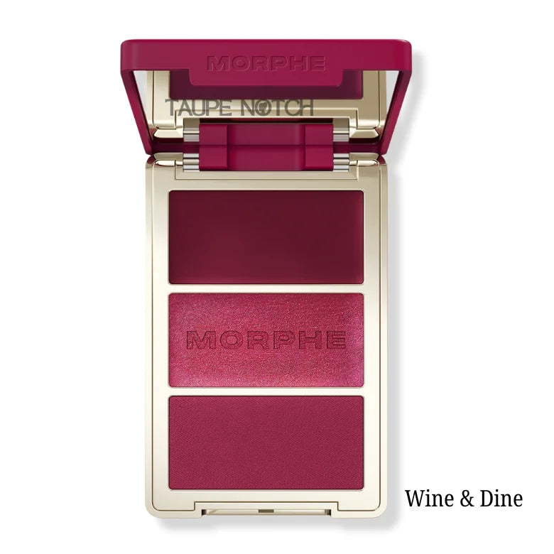 Three-pan blush palette compact with burgundy matte, magenta shimmer, plum-burgundy matte shades