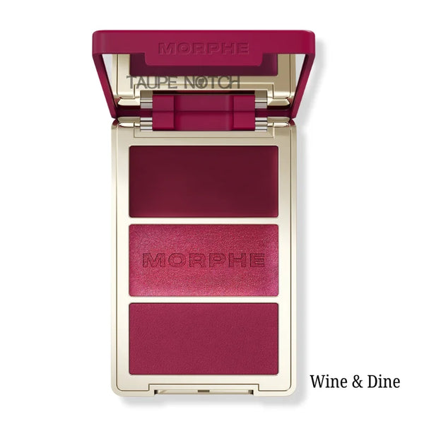 Three-pan blush palette compact with burgundy matte, magenta shimmer, plum-burgundy matte shades