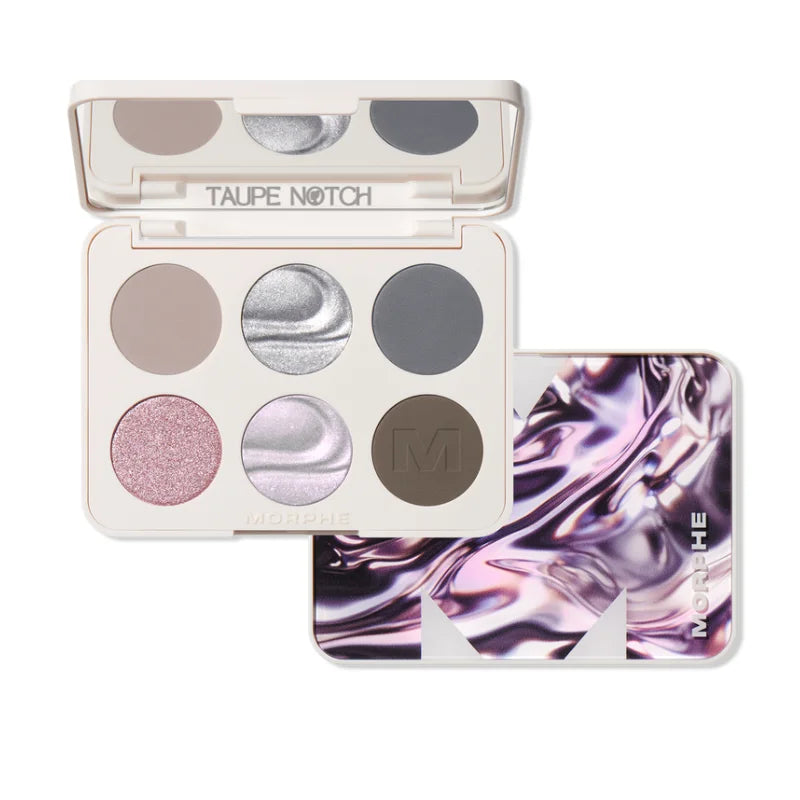 Morphe ChromaPlus six-pan eyeshadow palette with silver, taupe, and cool glitter shades