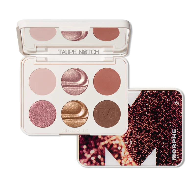 Morphe ChromaPlus 6-pan eyeshadow palette, Outer Spice, open with six pressed shades
