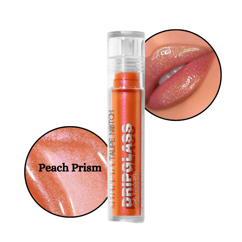 High-shine lip gloss in peach orange shimmer with reflective glazed finish
