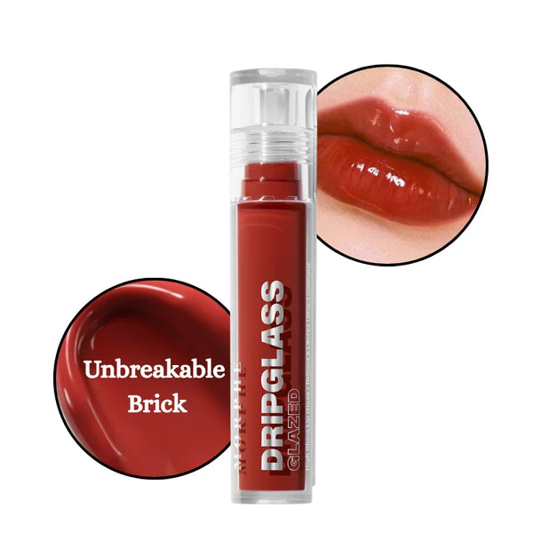 High-shine lip gloss in rich brick red with glossy, glazed sheen