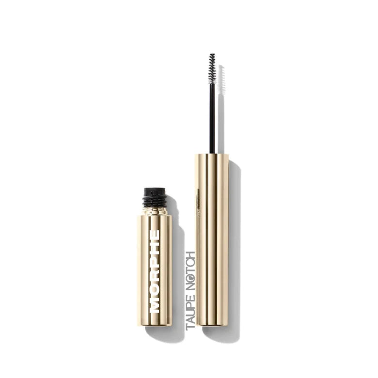 Morphe brow gel open gold tube with spoolie wand applicator on white background​​​​​​​​​​​​​​​​