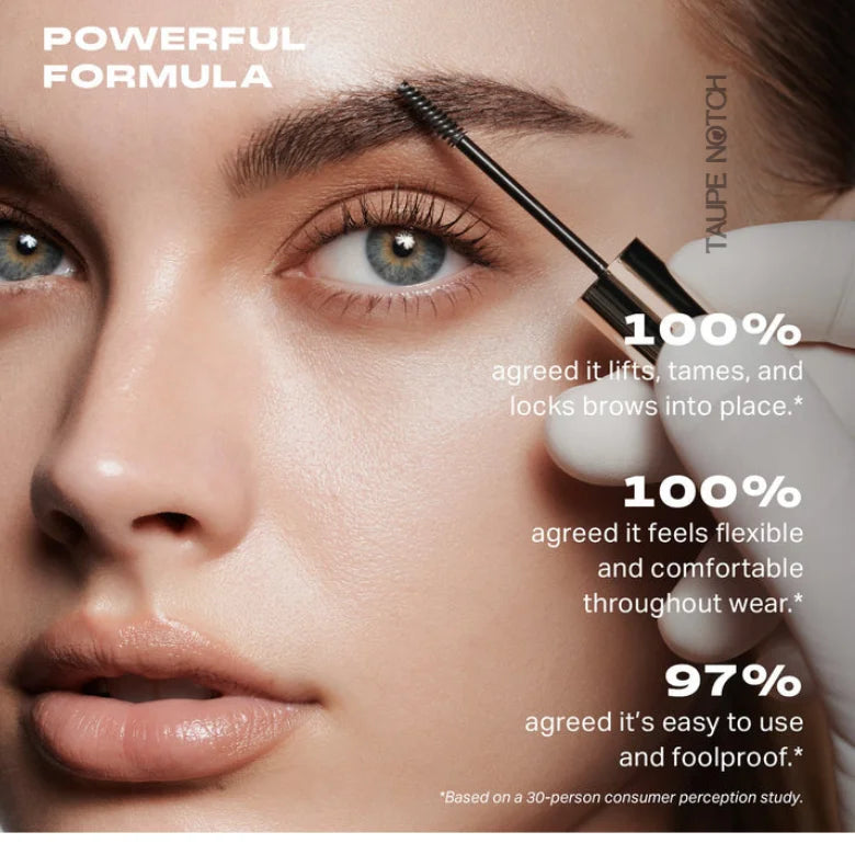 woman applying brow gel with spoolie brush showing 100 percent consumer tested results for brow lifting and locking formula
