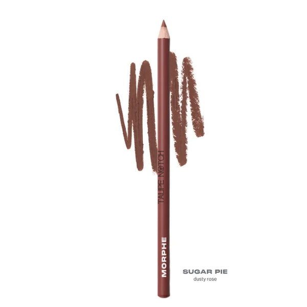 Lip pencil in Sugar Pie dusty rose with swatch marks and pointed tip
