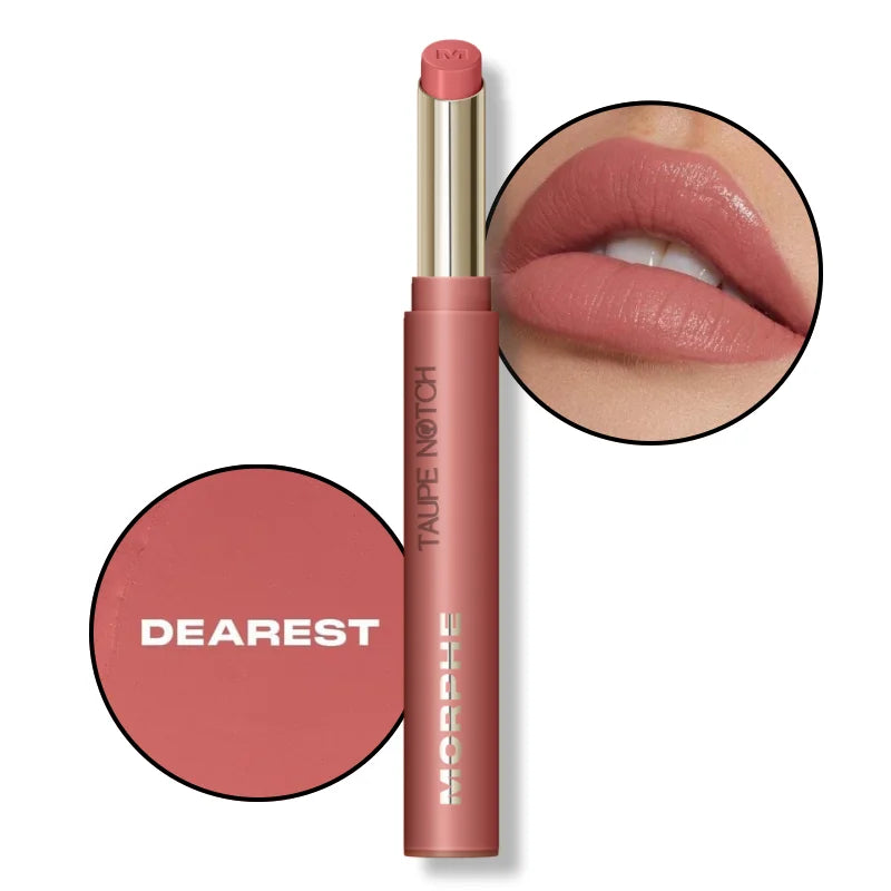 Soft matte lipstick tube with Dearest shade; muted rose lip swatch close-up.