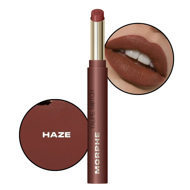 Soft matte lipstick tube with Haze shade; warm brown lip swatch close-up.