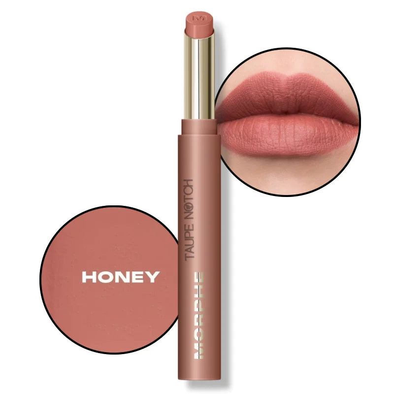 Matte lipstick tube with Honey shade; rosy nude lip swatch close-up.