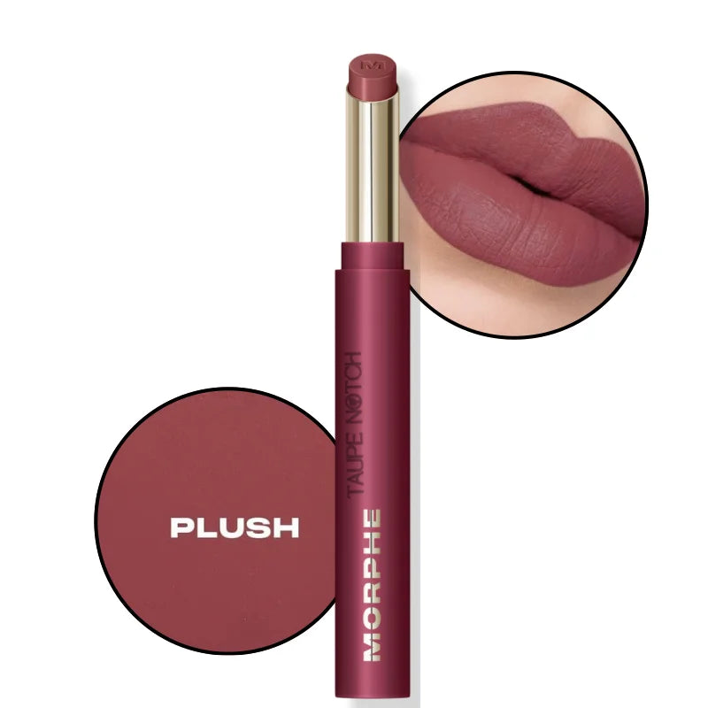 Soft matte lipstick tube with Plush shade; mauve-pink lip swatch close-up.