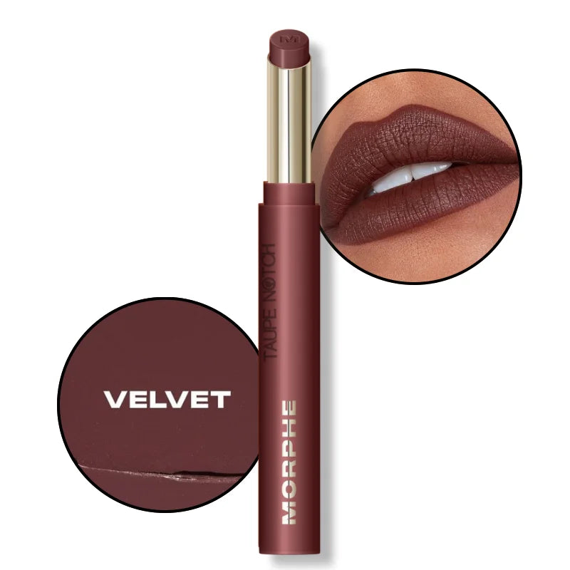 Soft matte lipstick tube with Velvet shade; deep plum lip swatch close-up.