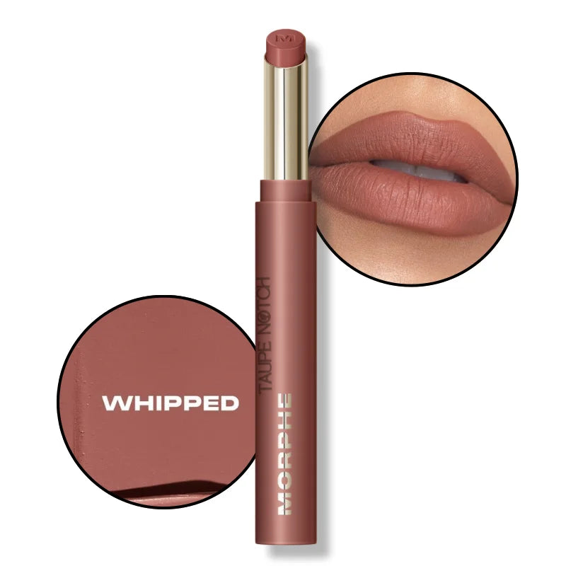 Soft matte lipstick tube with Whipped shade; dusty rose lip swatch close-up.
