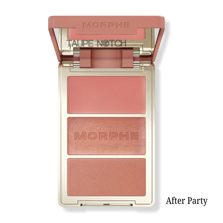 Three-pan blush palette compact with soft pink matte, rose-gold shimmer, mauve matte shades