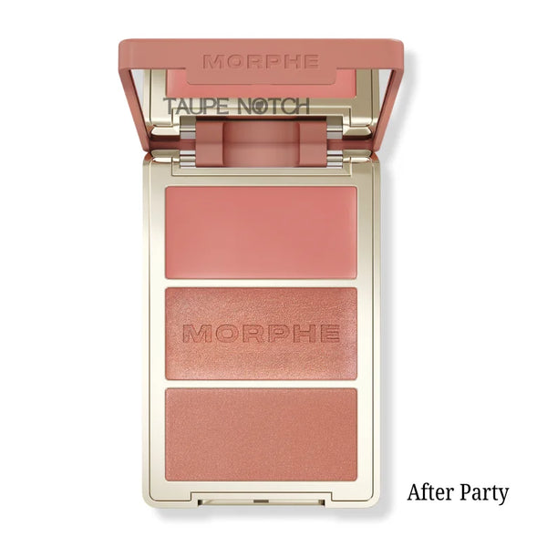 Three-pan blush palette compact with soft pink matte, rose-gold shimmer, mauve matte shades