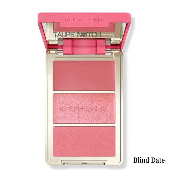 Three-pan blush palette compact with rosy pink matte, pink shimmer, pink matte shades