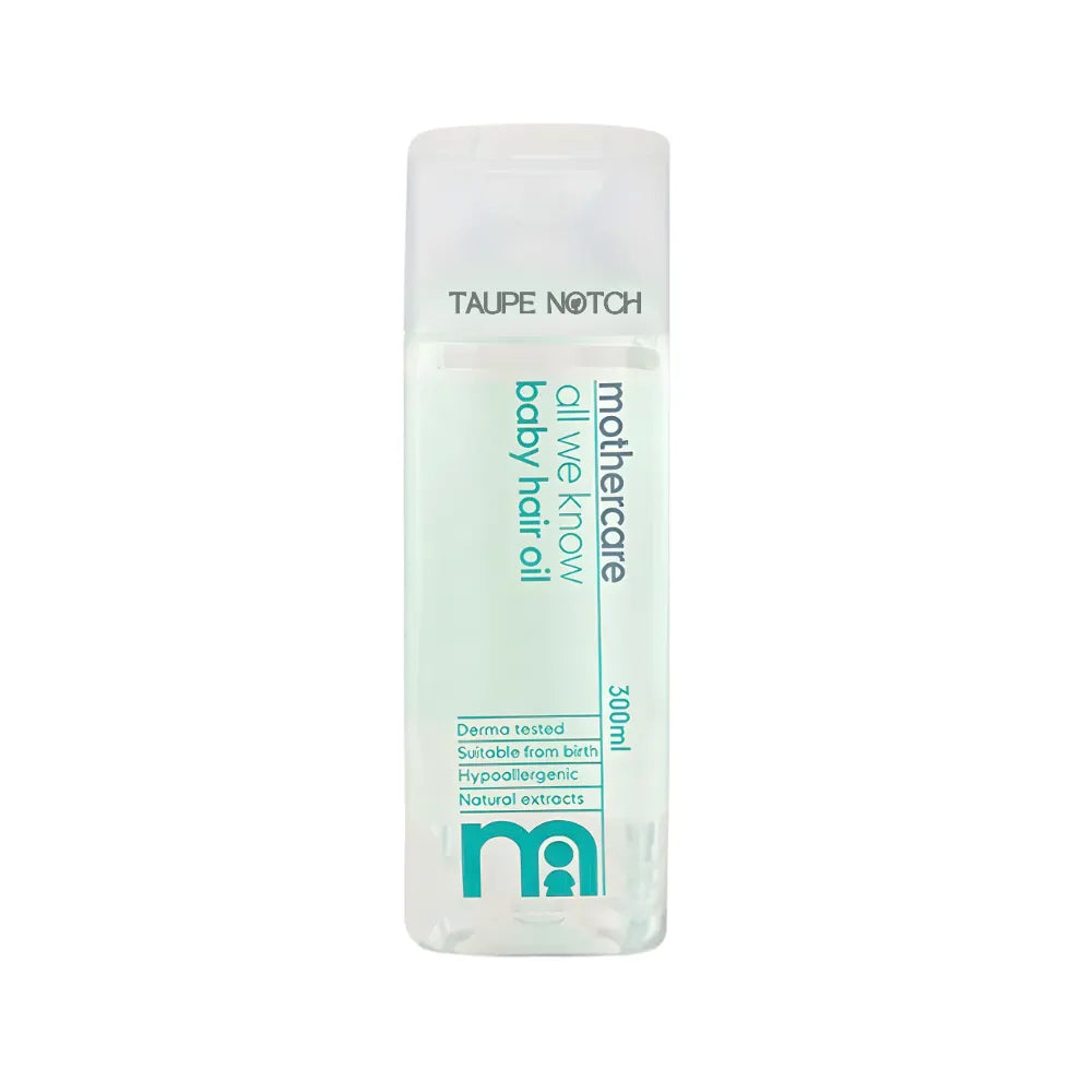 Mothercare baby hair oil bottle, pale green liquid, 300 ml