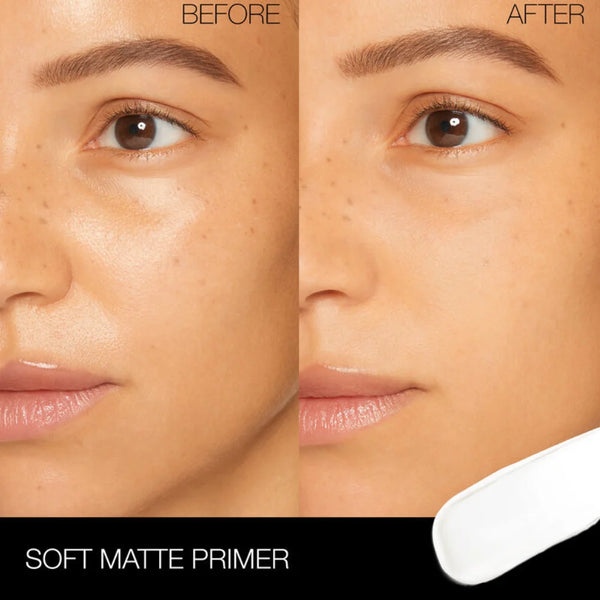 Soft matte primer before-and-after on face, with product swatch across cheek