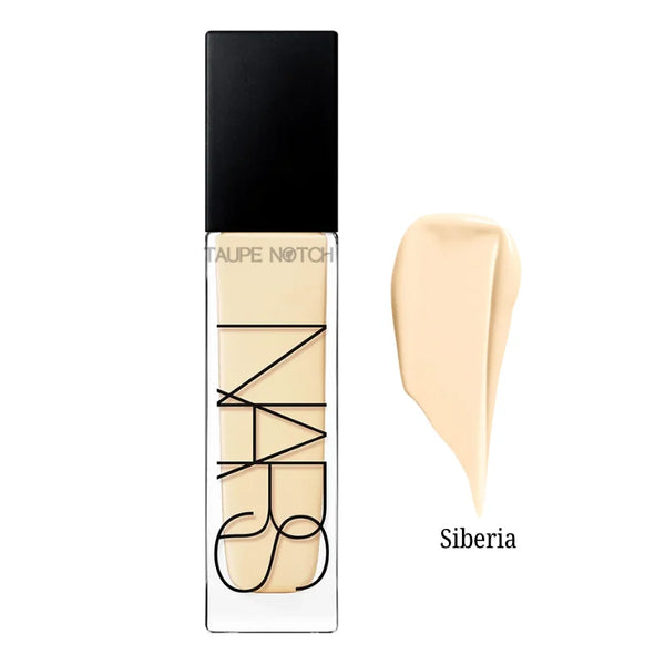 NARS Natural Radiant foundation bottle and Siberia cream swatch