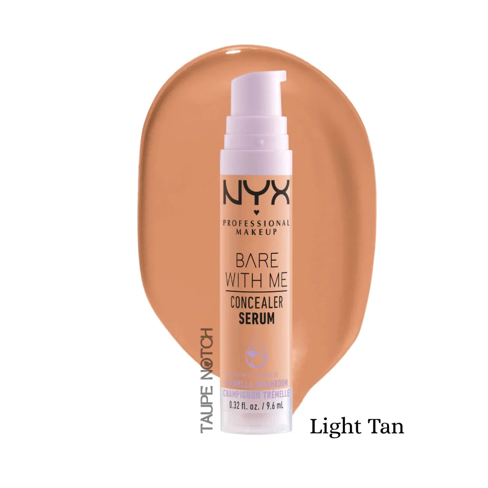 NYX Bare With Me Concealer Serum in Light Tan showing a sleek tube with applicator and product branding.