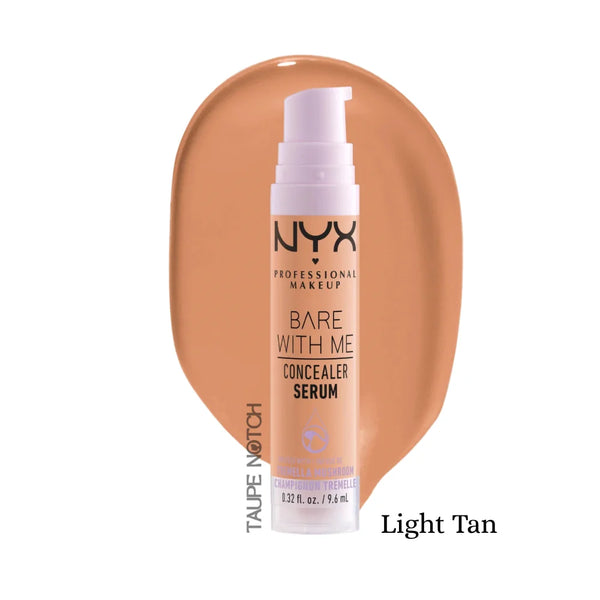 NYX Bare With Me Concealer Serum in Light Tan, pump bottle with large cream swatch