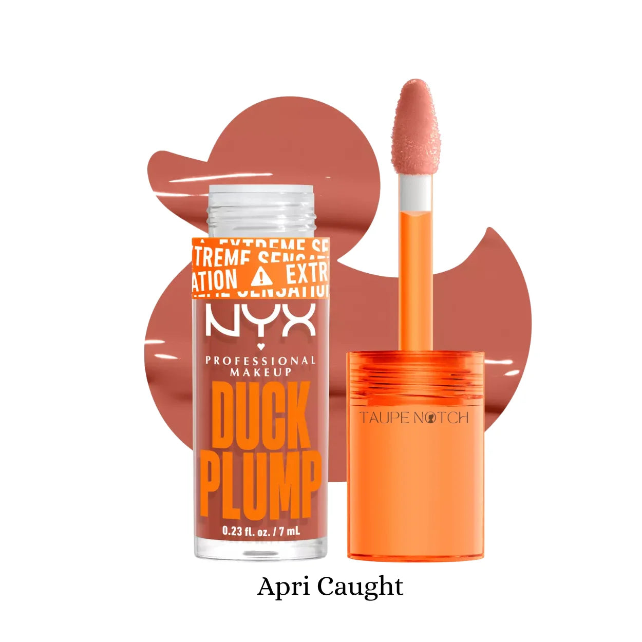 NYX Duck Plump lip gloss in Apri Caught shade, clear tube and doe-foot applicator