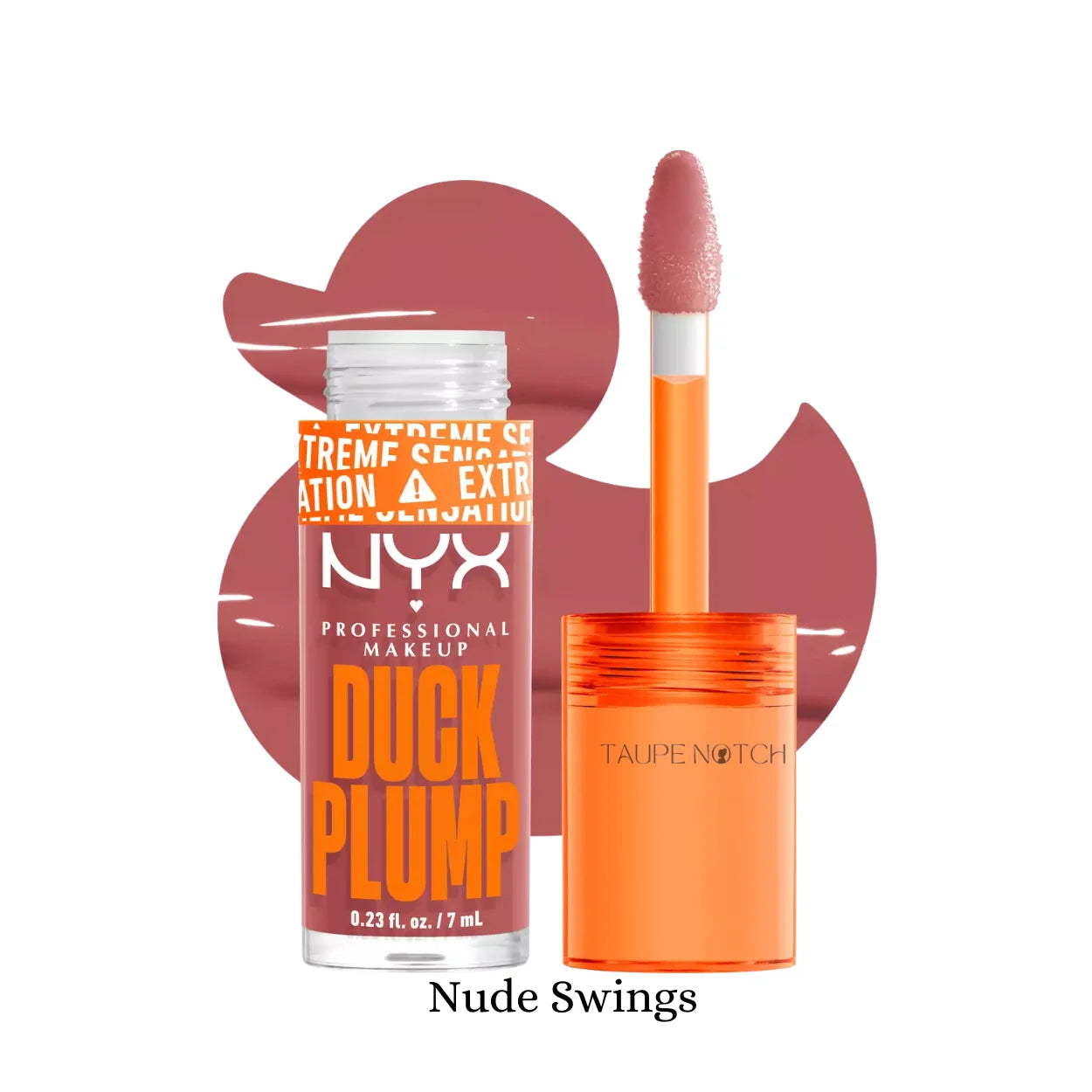 NYX Duck Plump lip gloss in Nude Swings shade, orange tube and doe-foot applicator