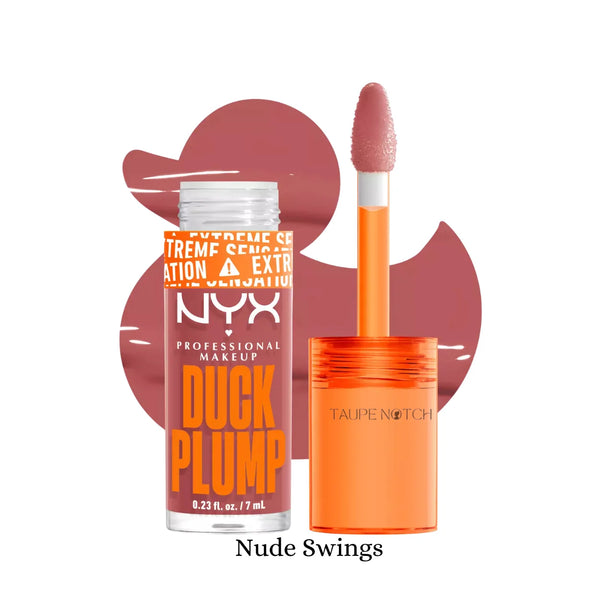 NYX Duck Plump lip gloss in Nude Swings shade, orange tube and doe-foot applicator