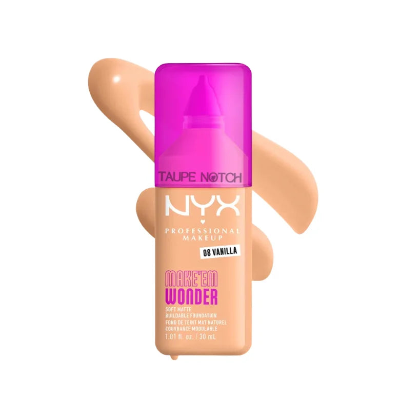 NYX Professional Makeup Make Em Wonder Soft Matte Buildable Foundation in 08 Vanilla warm beige shade with texture swatch