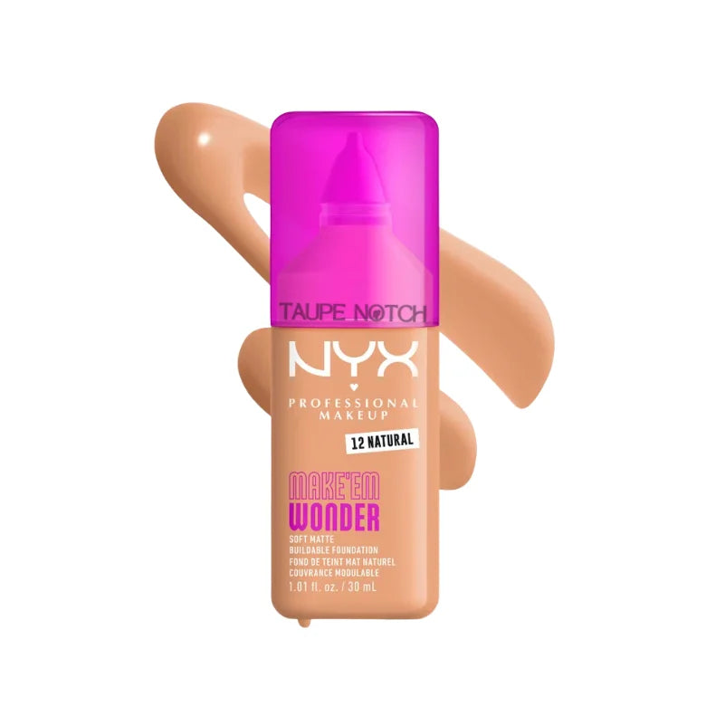 NYX Professional Makeup Make Em Wonder Soft Matte Buildable Foundation in 12 Natural warm medium shade with texture swatch