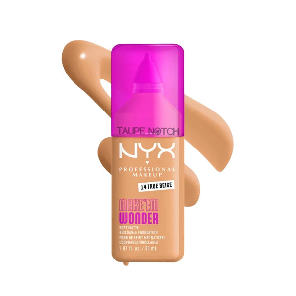 NYX Make 'Em Wonder 24H soft matte foundation bottle, shade 14 True Beige