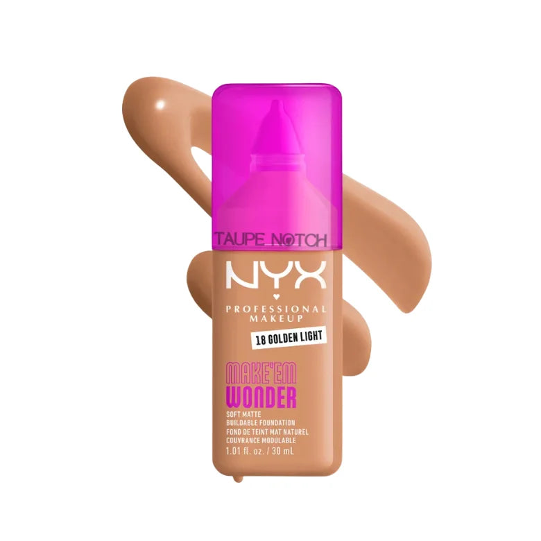 NYX Professional Makeup Make Em Wonder Soft Matte Buildable Foundation 18 Golden Light warm medium tan shade with formula swatch​​​​​​​​​​​​​​​​