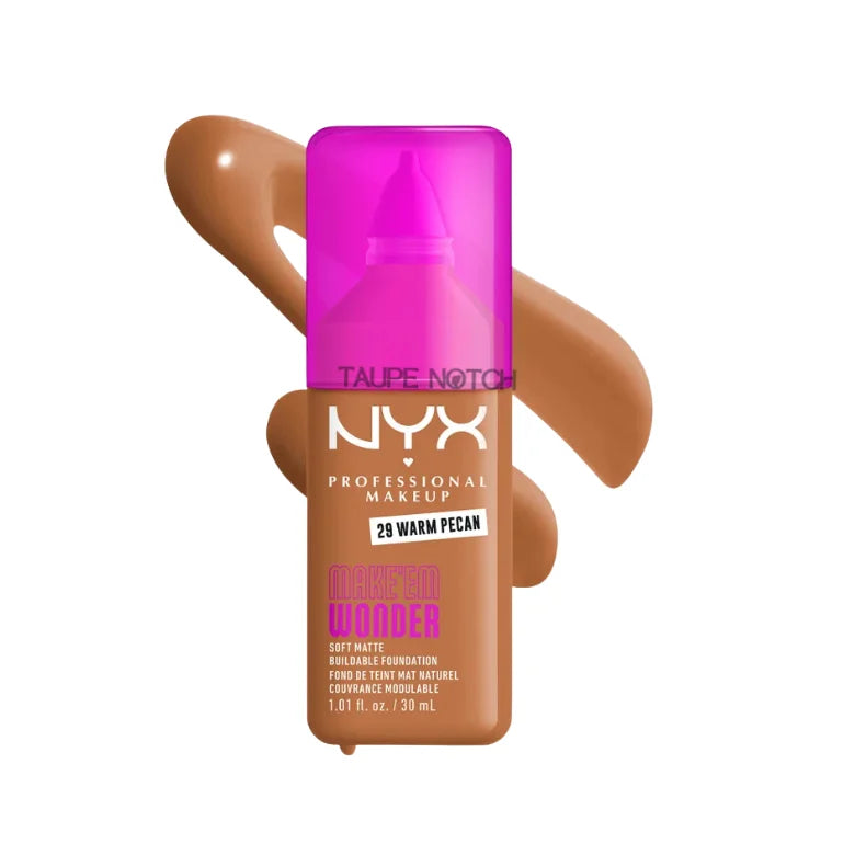 NYX Professional Makeup Make Em Wonder Soft Matte Buildable Foundation in 29 Warm Pecan deep caramel brown shade with texture swatch​​​​​​​​​​​​​​​​