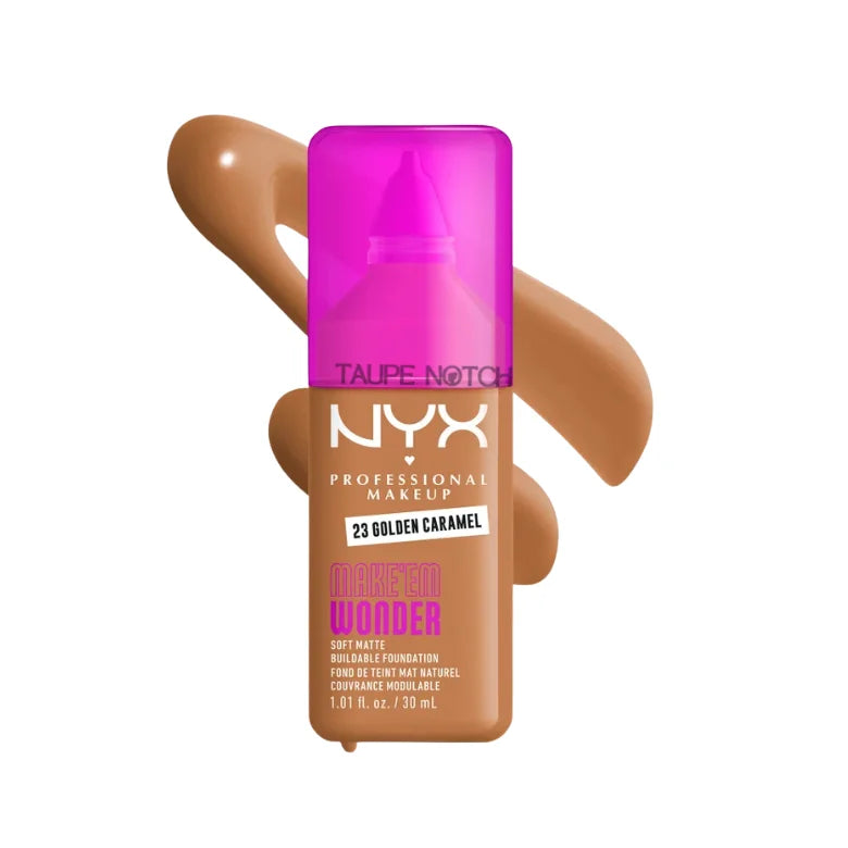 NYX Professional Makeup Make Em Wonder Soft Matte Buildable Foundation in 23 Golden Caramel deep warm shade with texture swatch