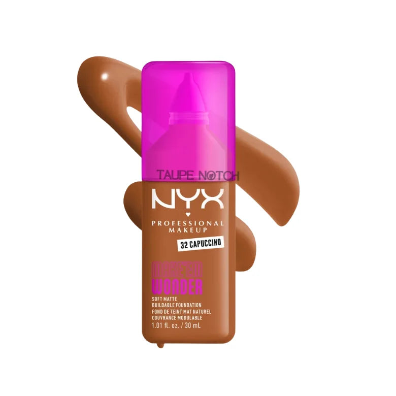 NYX Professional Makeup Make Em Wonder Soft Matte Buildable Foundation in 32 Cappuccino rich deep brown shade with texture swatch