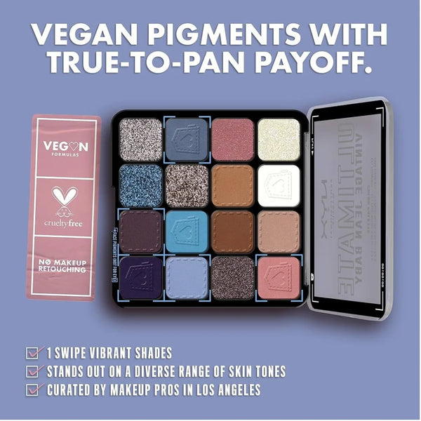 Opened eyeshadow palette with 12 pans, including blue, bronze, and nude shades