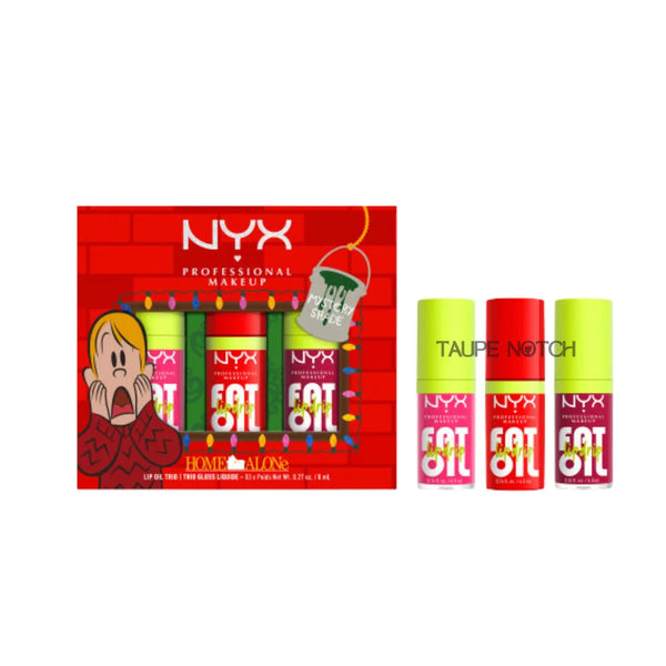 Lip oil trio set with three small bottles in green and red; box shown