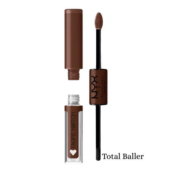 High shine lip color in tube and wand applicator, deep cocoa shimmer.