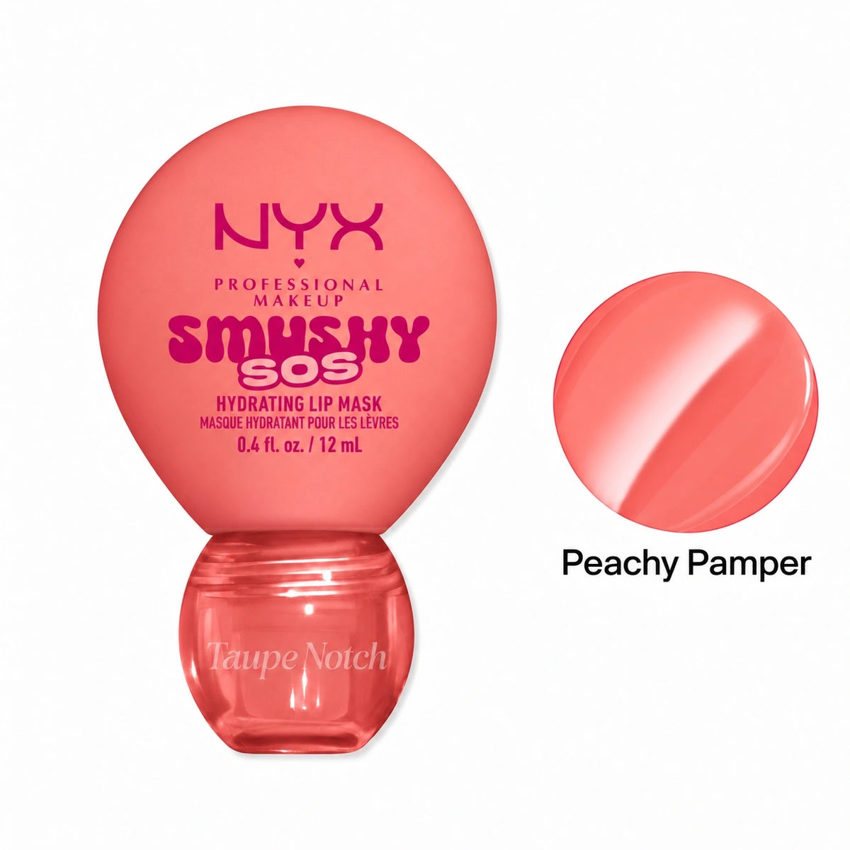 Hydrating lip mask in Peachy Pamper, peach-coral jar with rounded cap shown.