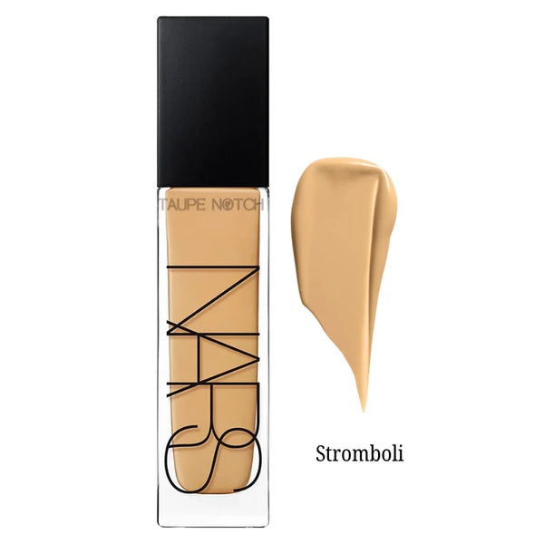 NARS Natural Radiant foundation bottle and Stromboli cream swatch