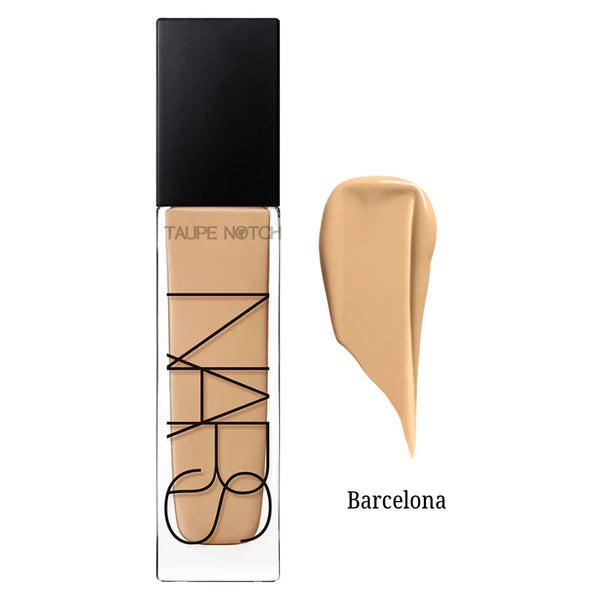NARS Natural Radiant foundation bottle and Barcelona cream swatch